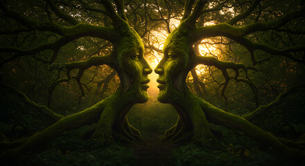 Mystical Forest with Two Faces on Trees