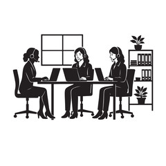 Three women in silhouette wearing headsets working at laptops in an office teamwork call center