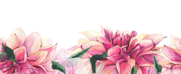 Fototapeta premium Watercolor hand painted bright frfrpink and orange dahlia flower and green leaves seamless border. Floral arrangement template clipart.