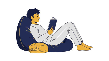 An illustration of a man reading a book while relaxing with his cat at home