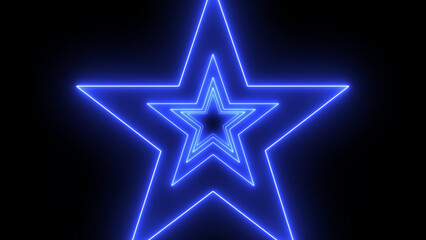 Neon light in the shape of a star tunnel with blue glowing lines abstract background. Neon star tunnel.