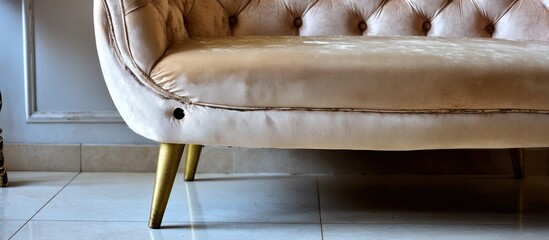 Fototapeta premium Elegant beige velvet sofa with tufted back and gold legs.