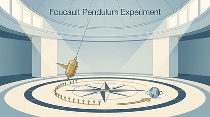 Detailed vector illustration of the Foucault Pendulum experiment, demonstrating the Earth's rotation within a circular, domed building.