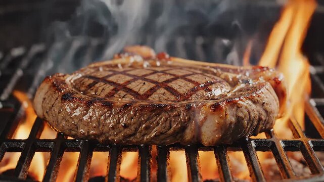 Close Up View of Grilled Steak on Fire with Grill Marks and Orange Flames