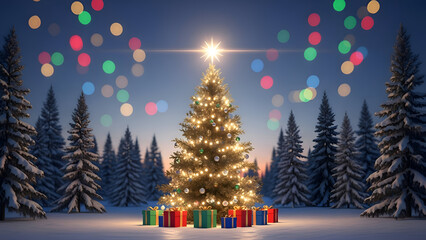 Obraz premium Christmas Tree On Snow In Night Forest With Shiny Star And Gift Boxes In Winter Landscape And Abstract Bokeh Lights