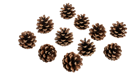 A minimalist arrangement of ten rustic pinecones scattered across a pristine white background. Their rich, earthy brown tones and intricate, textured scales create a simple yet elegant display, perfec