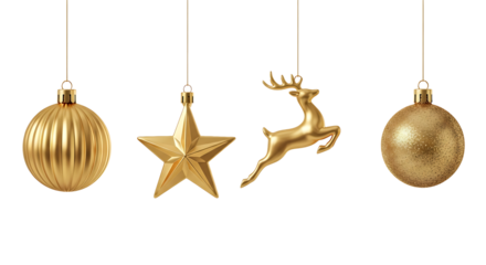 Four elegant, metallic gold Christmas ornaments—ribbed bauble, star, leaping reindeer, and smooth sphere—hang gracefully against a pure white background. Their polished, reflective surfaces exude mode