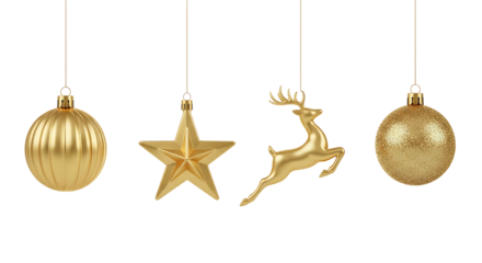 Four elegant, metallic gold Christmas ornaments—ribbed bauble, star, leaping reindeer, and smooth sphere—hang gracefully against a pure white background. Their polished, reflective surfaces exude mode