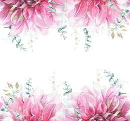 Watercolor hand painted delicate pink dahlia flower and turquoise green eucalyptus branches and leaves, golden texture seamless border. Floral arrangement template clipart.