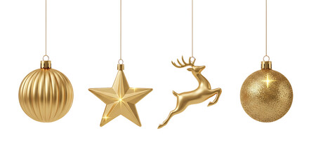 Four elegant, metallic gold Christmas ornaments—ribbed bauble, star, leaping reindeer, and smooth sphere—hang gracefully against a pure white background. Their polished, reflective surfaces exude mode