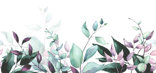 Watercolor hand painted blue, violet, turquoise, dark green, pink branches and leaves seamless border. Floral template design clipart