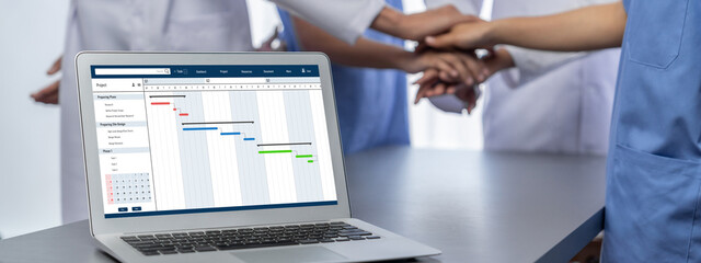 Project planning software for brisk business project management on the computer screen showing timeline chart of the team project