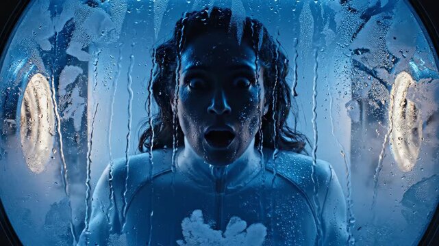 Woman in futuristic water chamber awakening. Sci-fi sequence showing calm to alarmed expression. Blue mist pod with wet hair and distress narrative.