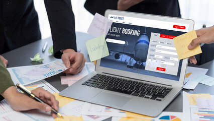 Analyst team use sticky note for creative and analytic brainstorm for business idea with BI data dashboard on laptop screen. Analysis financial data visualization tech for marketing strategy. Prodigy