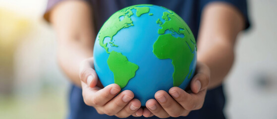 Person holding small globe model representing Earth with continents visible, symbolizing care and environmental awareness