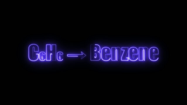 Blue neon glowing chemical formula C6 H6 with benzene text on dark Generate title without using the word "Title:" before it. background C6H6