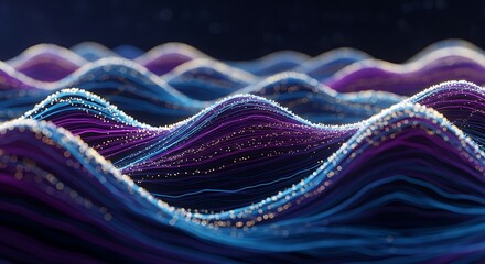 Abstract visualization of glowing blue and purple digital waves or data streams flowing in a dark, futuristic, and technological background with sparkling particles