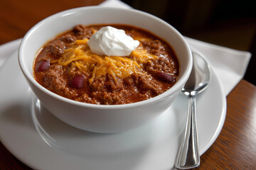 A delicious bowl of hearty chili topped with shredded cheese and a dollop of sour cream, highlighting comfort food at its finest for a warming meal experience.