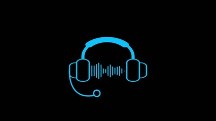 Blue neon outline headphones with soundwave and microphone wire on Generate title without using the word "Title:" before it. black background representing audio technology © Honest_boy