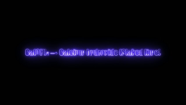 Blue neon text showing chemical reaction Ca OH converting to Calcium hydroxide slaked lime on a Generate title without using the word "Title:" before it. black background
