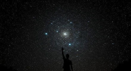 Silhouette Reaching for Pleiades Star Cluster at Night