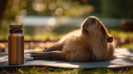 Capybara doing yoga on a blanket in a sunny park, next to a thermos of tea