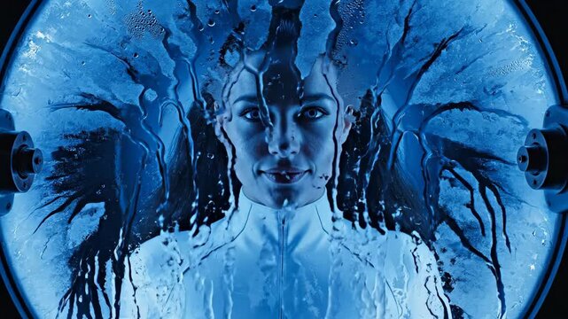 Woman emerging from abstract blue energy burst in mystical digital sequence. Ethereal face materializing with watery effects and light flares for surreal portrait transformation concept.