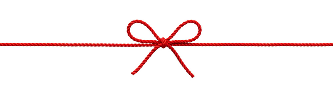 A Simple Red Bow Tied on a Thin Red String Against a White Background