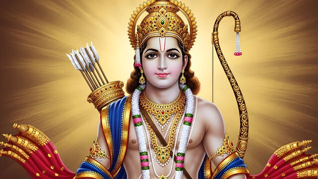 Lord Rama with Bow and Arrow - Divine Hindu God of Virtue and Righteousness, Indian Mythology Illustration