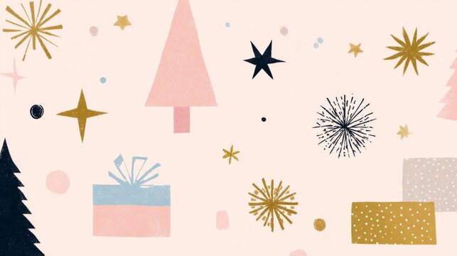 The design features a simple Christmas tree with clean lines, geometric stars, polka-dot snowflakes, and a gift box with color blocking. Elements can have a subtle metallic texture (gold or silver foi