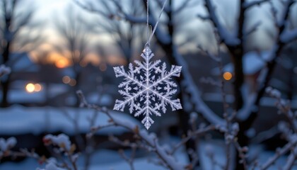 An intricately crafted snowflake decoration hanging from a string near a tree, set against a softly lit, snowy background with twilight hues.