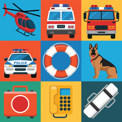 Rescue and emergency vehicle icons, ambulance helicopter fire truck police car, first response concept, colorful flat vector design © RA Studio