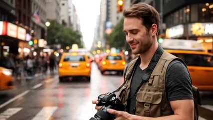 Smiling male photographer holding camera, capturing moments in bustling city street