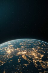 Obraz premium Digital planet Earth glowing brightly at night from deep space, showing vast interconnected urban light networks across continents, a virtual future vision.