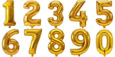 Group of golden inflatable balloon numbers from zero to nine isolated on a transparent background PNG (सुनहरे गुब्बारे नंबर)