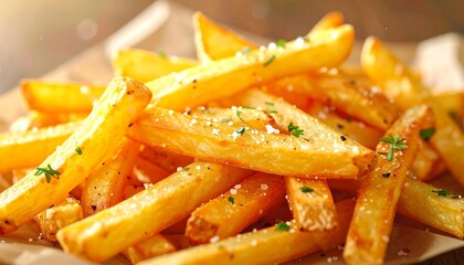 A close-up shot of golden-brown, crispy potato fries, sprinkled with salt and tiny green herbs, on a wooden tray