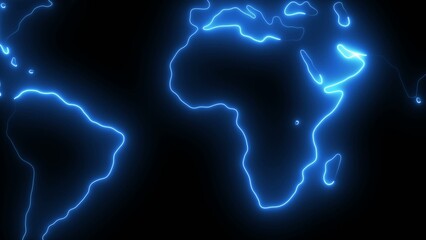 Bright blue neon outline map of Africa and Europe continents on a dark Generate title without using the word "Title:" before it. background with glowing edges © Honest_boy