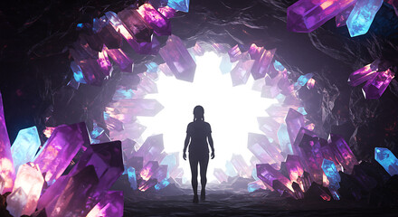 Silhouette Woman in Crystal Cave Entrance