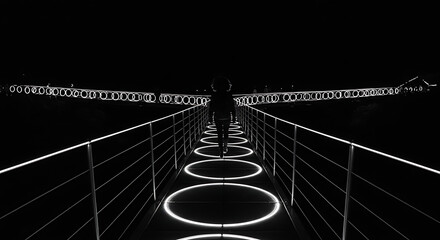 Silhouette Person Walking on Illuminated Circle Bridge at Night