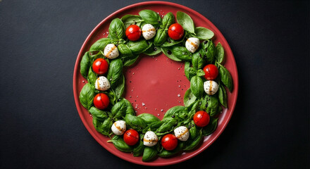 Caprese salad in the form of a Christmas wreath with basil, tomatoes, and mozzarella on a red plate. 