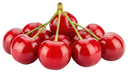 Pile of fresh red cherries isolated PNG, sweet summer fruit with green stems on transparent background, healthy snack for dessert