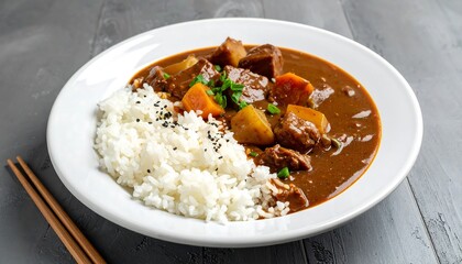 A close-up shot of Japanese curry rice on a white plate, showcasing beef and vegetables beside fluffy white rice