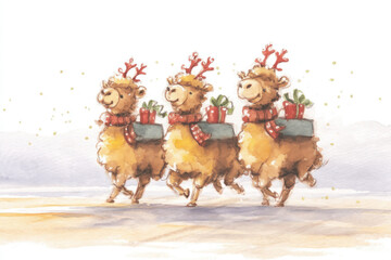 Fototapeta premium simple Christmas watercolor of a Christmas camel with decorated humps, desert holiday scene illustration