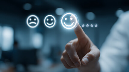 Person finger selects glowing happy face and stars on digital screen hand tapping