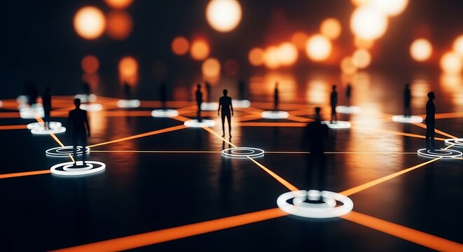 Silhouettes of people connected by glowing orange lines on a dark surface representing a digital network or social connection concept - Powered by Adobe
