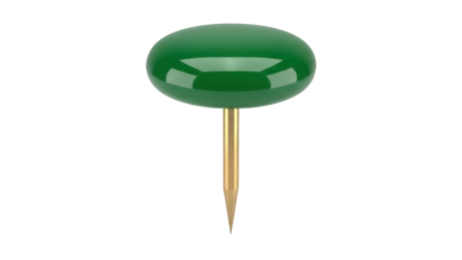 Green push pin isolated PNG on transparent background, office supply for bulletin board and notice board use, tack