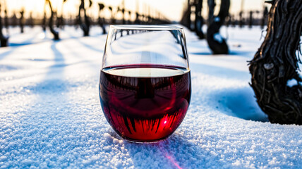 Glass of red wine standing on fresh, clean snow in vineyard  