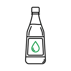 Outline icon of a bottle with a green drop symbol on the label