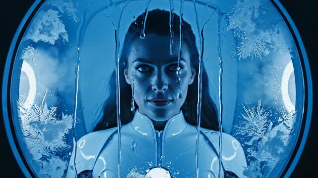 Woman awakening in blue icy sphere. Serene face transitioning from closed eyes to alert gaze and smile. Futuristic cryogenic pod emergence sequence with frosty water enclosure.