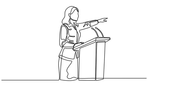 Animated self drawing of Single one line drawing of Business presentation woman trainer talking microphone vector illustration. Editable outline